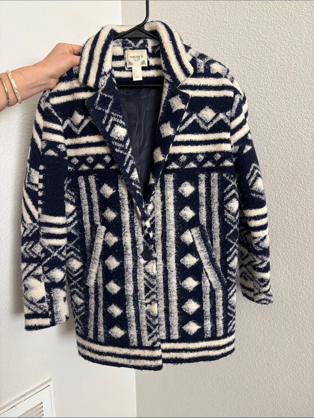 Forever 21 Navy & White Patterned Pea Coat